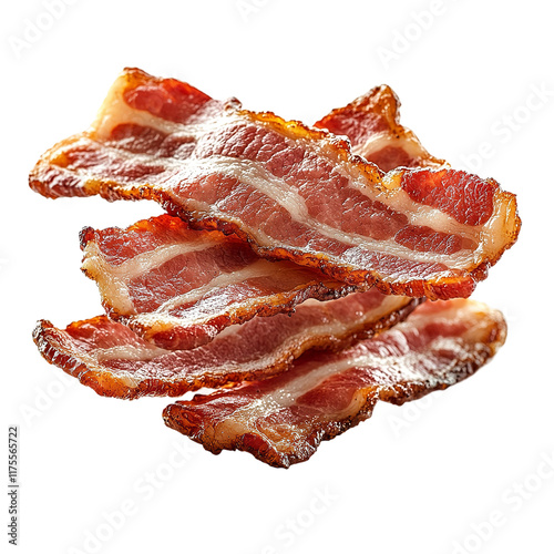 Close up  long bacons flying in air isolated against a white background as a separate object photo