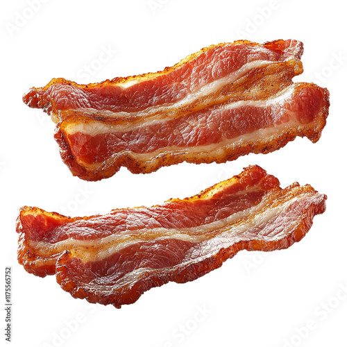 Close up  long bacons flying in air isolated against a white background as a separate object photo