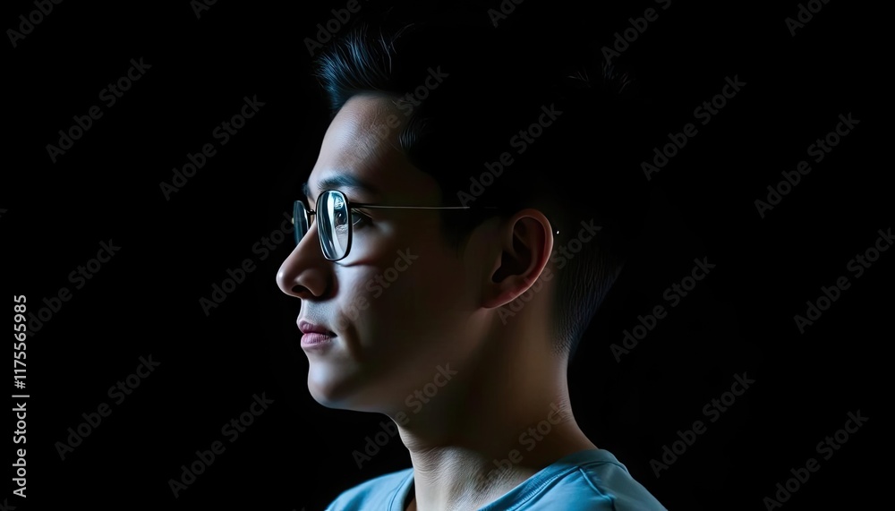 Profile portrait of thoughtful man against dark background Profile portrait of thoughtful man against dark background