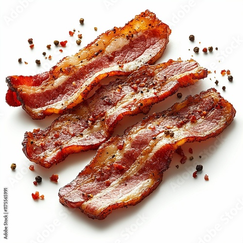 Close up  long bacons flying in air isolated against a white background as a separate object photo