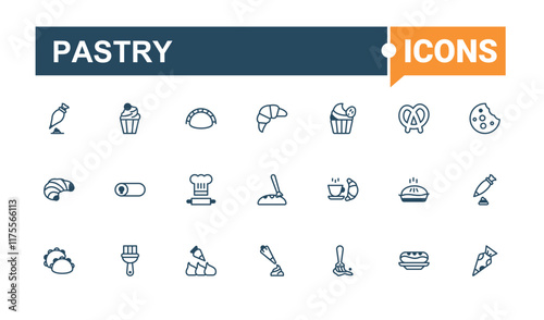Pastry icon set. It contains symbols to birthday, cook, bake, pie, graphic, ice, cupcake, cookie. Collection for mobile and web apps. Vector outline and solid icons collection.