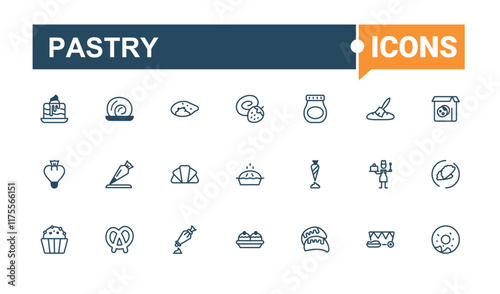 Pastry icon set. It contains symbols to birthday, cook, bake, pie, graphic, ice, cupcake, cookie. Collection for mobile and web apps. Vector outline and solid icons collection.