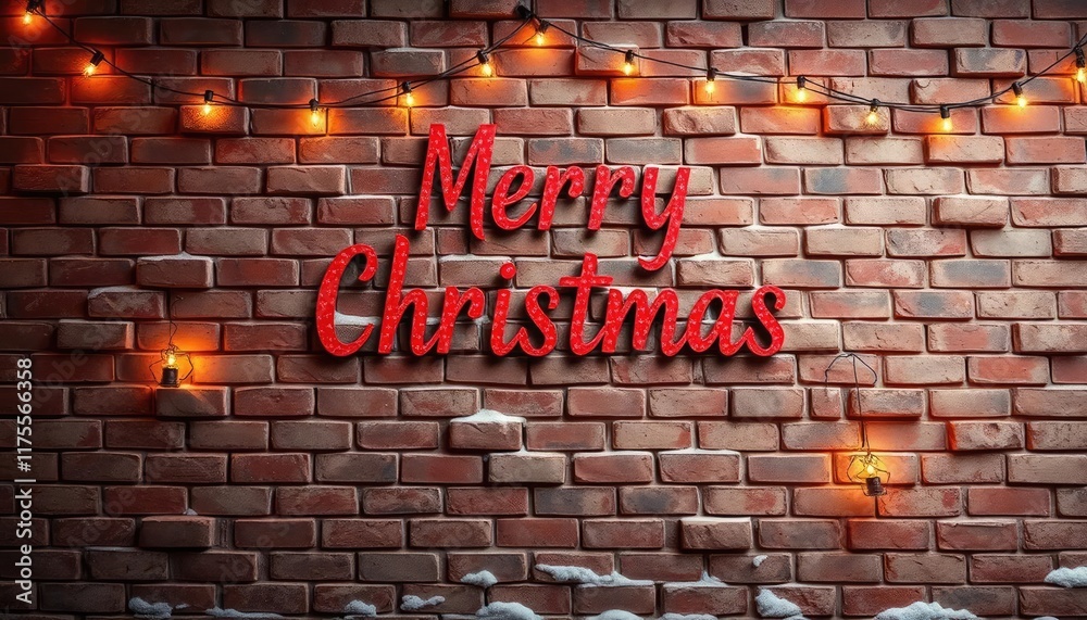 Fototapeta premium Christmas lights on brick wall with snow, festive message