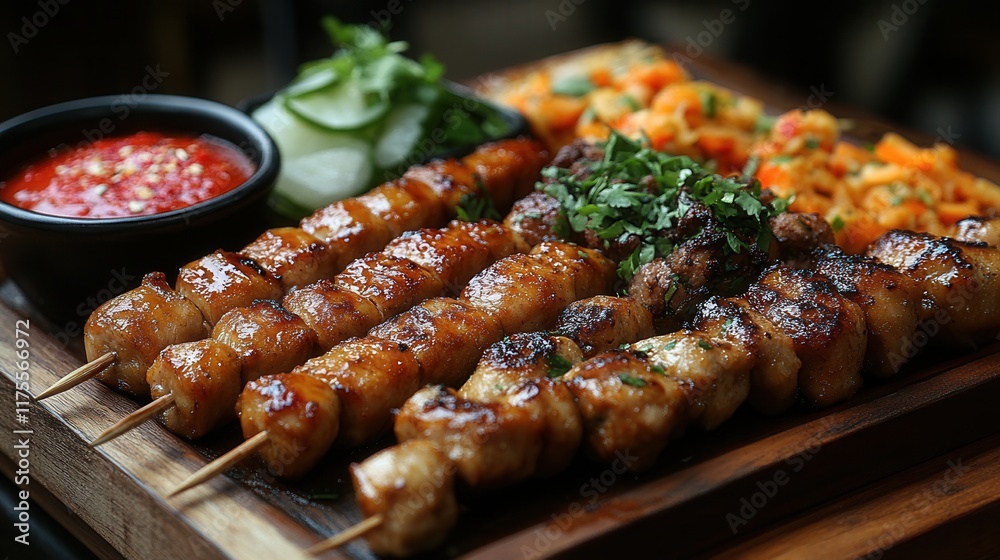 Delicious Grilled Chicken and Meat Skewers with Sauce and Sides Delicious Grilled Chicken and Meat Skewers with Sauce and Sides