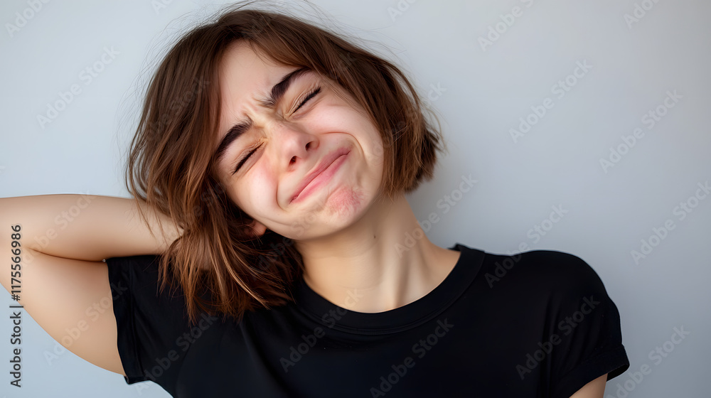Young woman holding lower back, showing signs of back pain or muscle strain Young woman holding lower back, showing signs of back pain or muscle strain