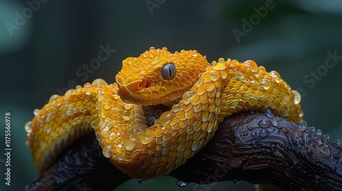 Rare golden lancehead viper resting on twisted branch in rainforest environment photo