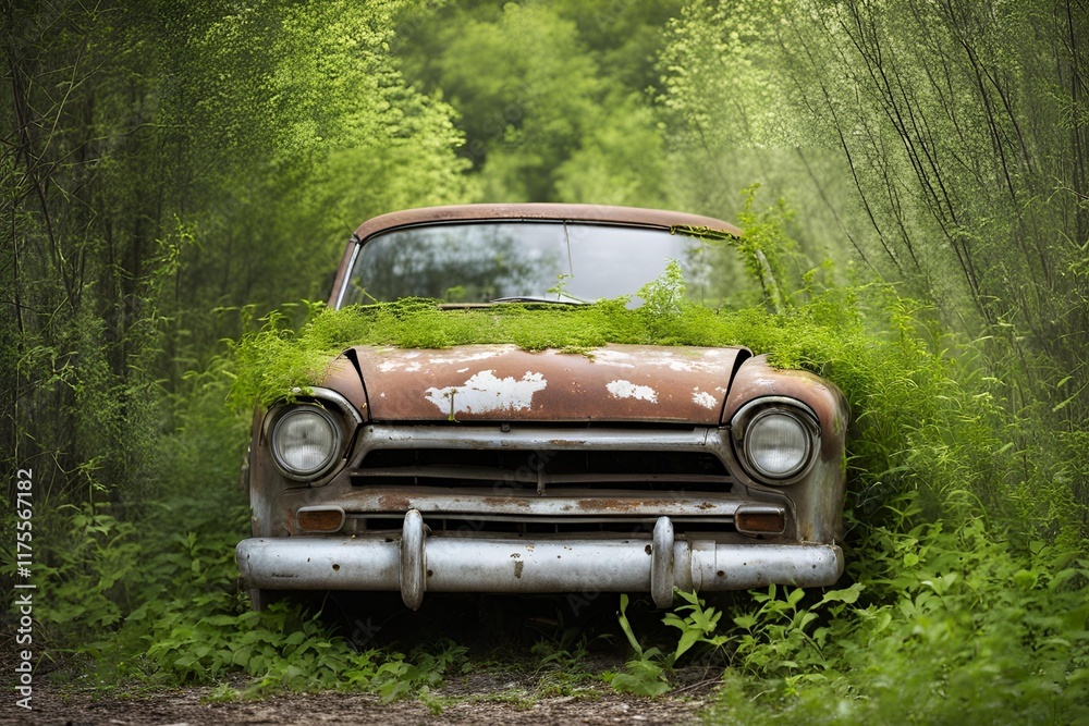 An old abandoned car, rusty and overgrown with weeds.