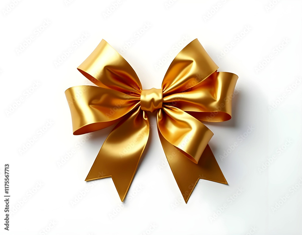 A large golden bow made of shiny metallic ribbon on a white background A large golden bow made of shiny metallic ribbon on a white background