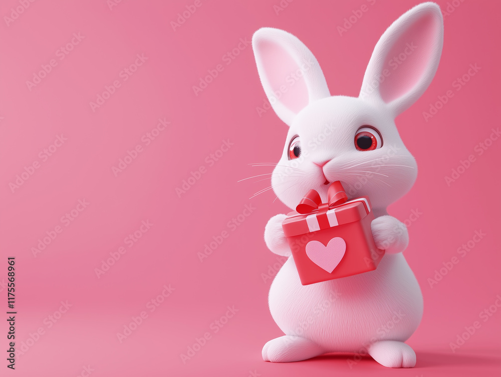 Fototapeta premium Cute white rabbit holding a gift box with a red ribbon