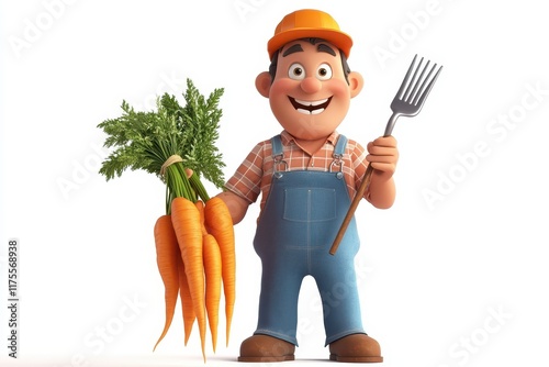 3D Cartoon Farmer Harvesting Fresh Vegetables in a Vibrant Garden