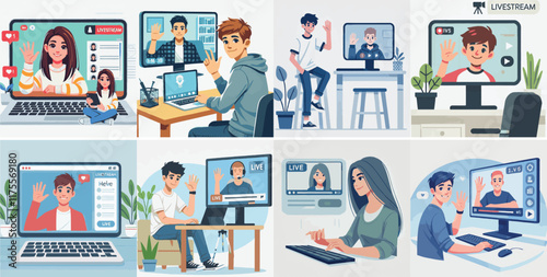 Vector set of a teenager watching a livestream with a simple flat design style