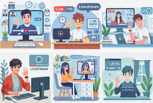 Vector set of a teenager watching a livestream with a simple flat design style