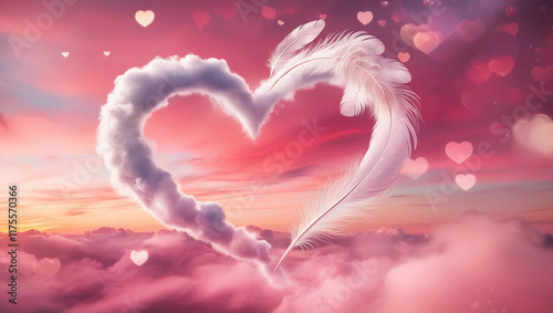 Heart in the clouds. Heart made of clouds against a pink sunset background. Valentine's Day Banner. Greeting card, Valentine's Day invitation.