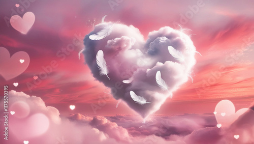 Heart in the sky. Heart made of clouds against a pink sunset background. Valentine's Day Banner. Greeting card, Valentine's Day invitation.