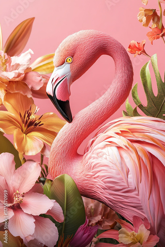 3D vector tropical illustration of a pink flamingo and rose photo