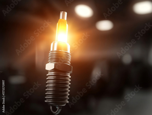 Glowing spark plug in dark garage, illuminating surroundings photo