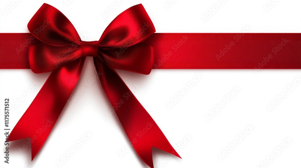 Elegant Red Satin Bow Tied on a Horizontal Ribbon against White Background. Elegant Red Satin Bow Tied on a Horizontal Ribbon against White Background.