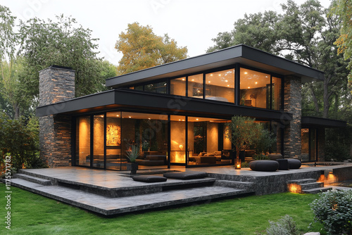 Modern Black House with Stone Accents and Spacious Patio photo