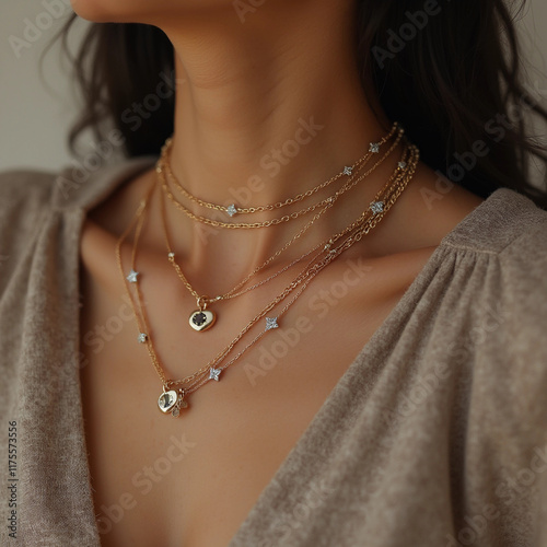 woman wearing multiple gold necklaces with  pendants