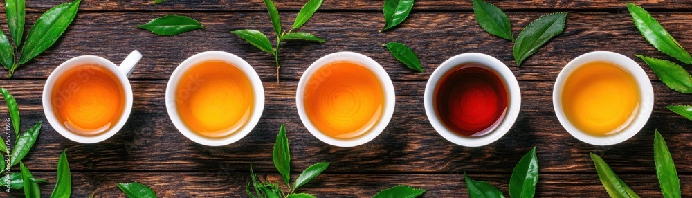 Assorted Tea Varieties Displayed in White Cups Surrounded by Fresh Green Leaves on a Rustic Wooden Table, Showcasing Color and Texture Differences Assorted Tea Varieties Displayed in White Cups Surrounded by Fresh Green Leaves on a Rustic Wooden Table, Showcasing Color and Texture Differences