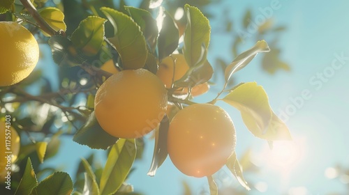 Vibrant close up of lemons on a tree branch under a clear blue sky highlighting nature s bounty photo