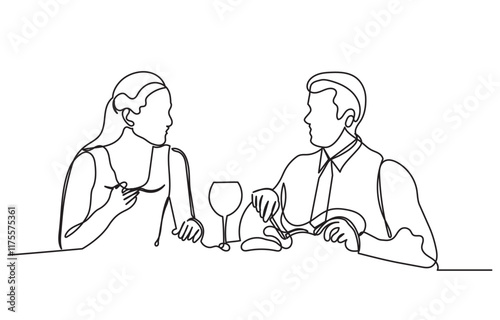 Continuous line drawing of a romantic couple in a restaurant having lunch. one line couple dining in the restaurant vector illustration. Lifestyle, love, relationships, food concept.