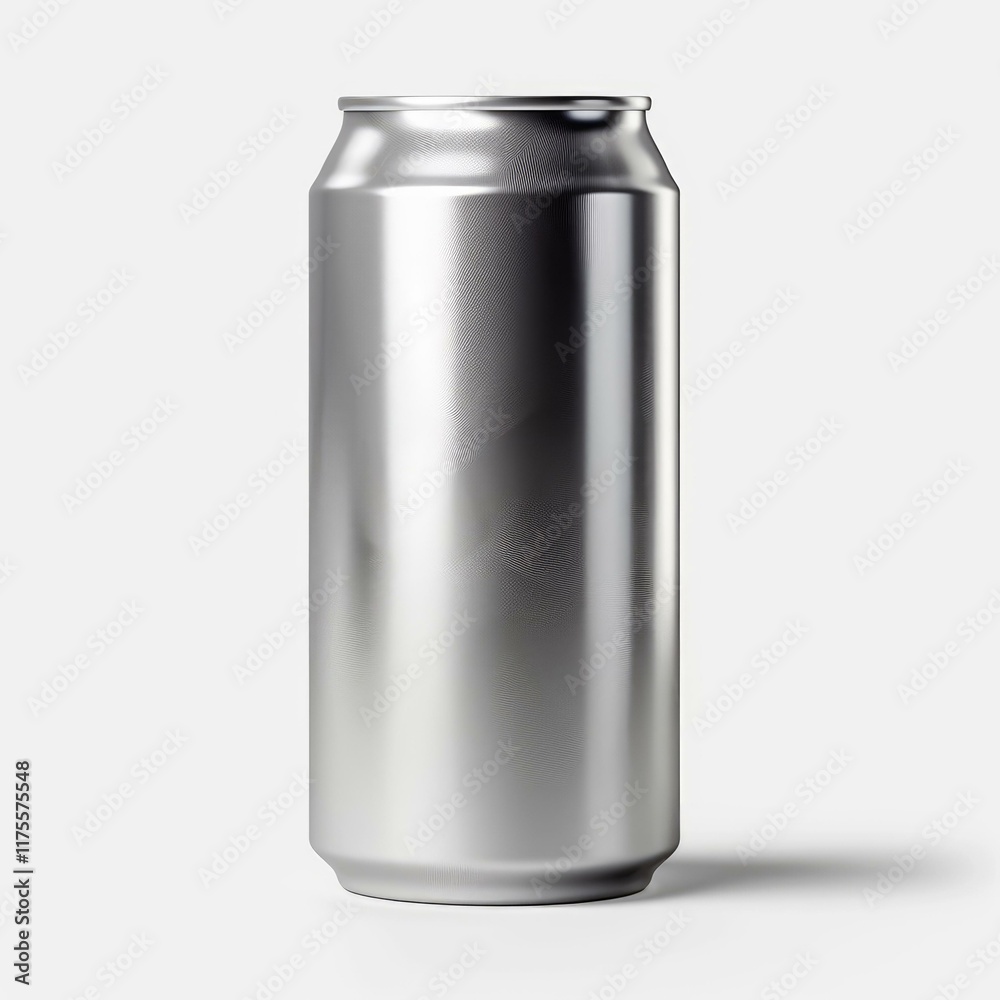 Photorealistic aluminum can standing on white background reflecting light, perfect for showcasing your design Photorealistic aluminum can standing on white background reflecting light, perfect for showcasing your design