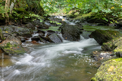 Long exposure of a waterfall on the East Lyn river at Watersmeet in Exmoor National Park