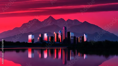 City Skyline with Mountain Silhouette and Reflective Water at Sunset in Vibrant Shades of Red and Purple

 photo