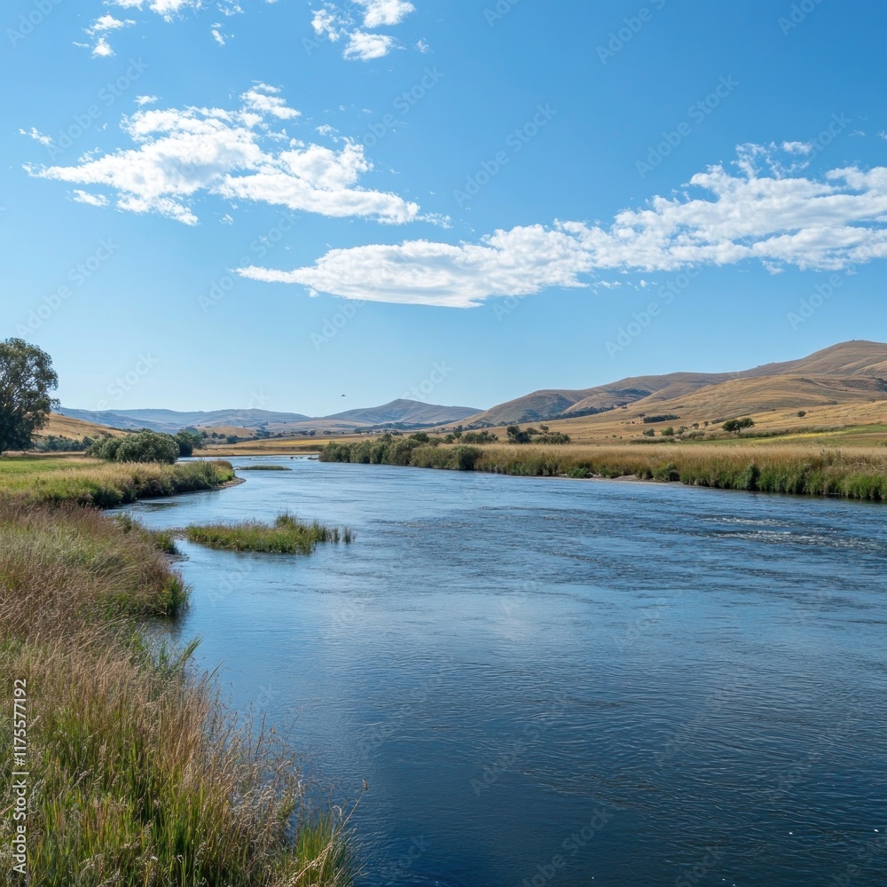 Serene river flowing through a picturesque valley under a blue sky with fluffy clouds. Serene river flowing through a picturesque valley under a blue sky with fluffy clouds.