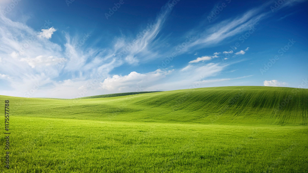 Obraz premium Beautiful spring landscape with green field and blue sky with white clouds