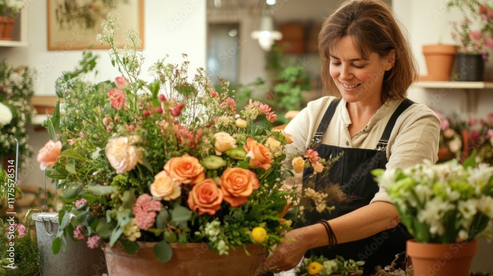 A cheerful female florist creating a stunning floral display in a pot, with an assortment of fresh flowers and greenery on her workstation in a well-lit shop. A cheerful female florist creating a stunning floral display in a pot, with an assortment of fresh flowers and greenery on her workstation in a well-lit shop.