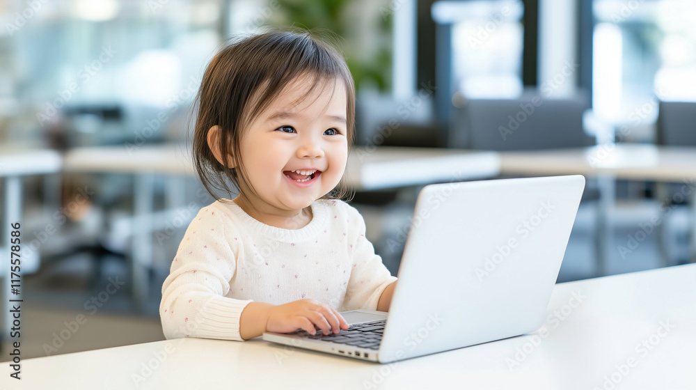 Happy asian baby girl using laptop in modern office, early education and technology Happy asian baby girl using laptop in modern office, early education and technology