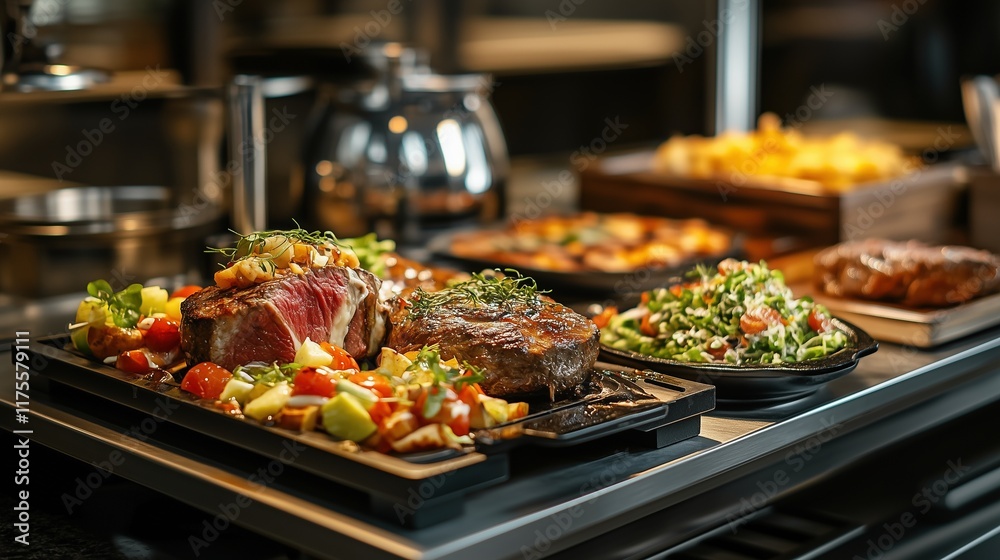 Obraz premium Exquisite Steak and Vegetable Platter with Fresh Salad on a Professional Serving Counter