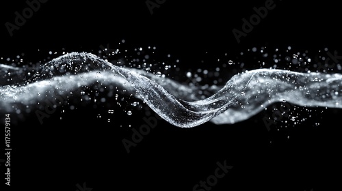 Flowing abstract liquid in black and white accented by soft white particles in a sleek design