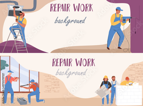 Horizontal background, frame, banner , hand drawn vector. Ventilation installation, HVAC repair. Repairing window in building.  Worker during wall penetration with power drill.
