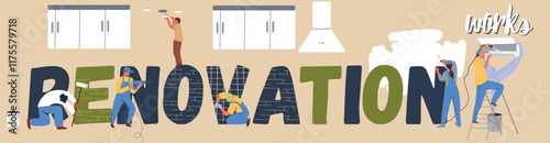 Renovation works text. Repair work, air conditioner cleaning, light fixture installation, wall preparation for painting, wall painting. Vector hand drawn illustration.