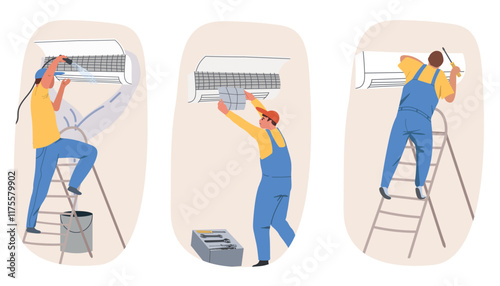 HVAC technician, worker installing, fixing, repairing and maintaining air conditioner. Conditioning unit, professional maintenance, cleaning. Hand drawn vector illustration.