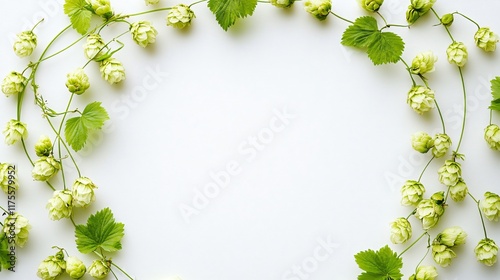 Hops vines framing a circle, isolated on a clean white background with decorative negative space