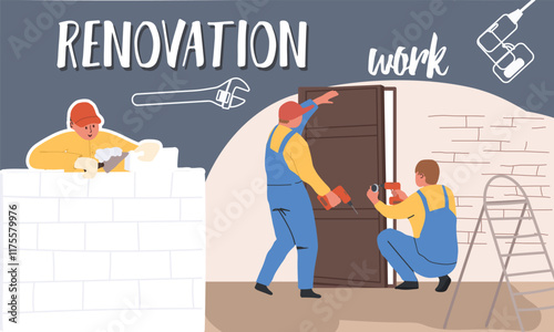 Repair, renovation work collage, hand drawing vector.