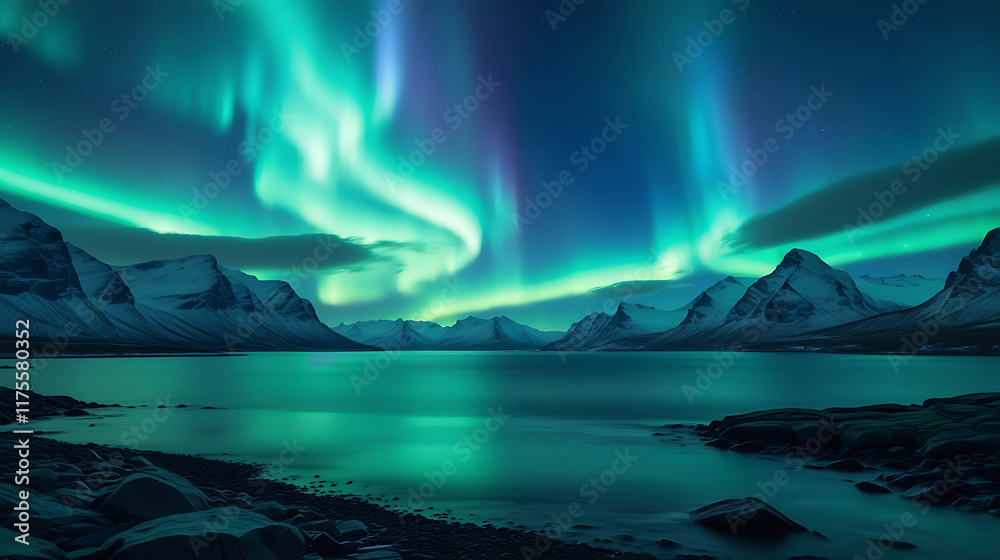Naklejka premium Northern Lights Over Snowy Mountains Arctic Coastal Landscape Photography