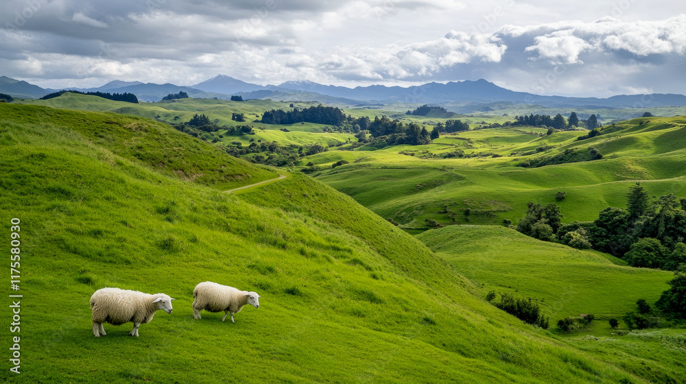 Fototapeta premium Rolling green hills with grazing sheep under a cloudy sky in a serene rural landscape