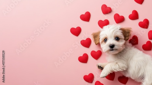 Playful puppy lying on a pink background with red heart decorations.