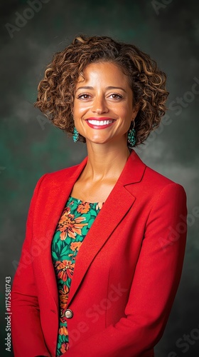 Portrait theme a professional headshot of a smiling female CEO in a vibrant red blazer photo