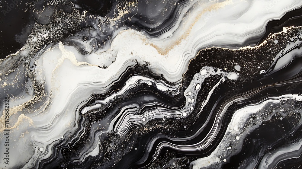 Obraz premium Beautiful flowing black and white liquid patterns with soft white particle highlights