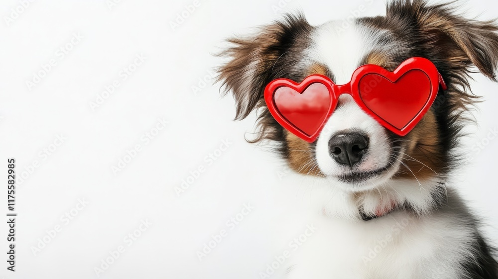Adorable dog wearing playful red heart-shaped glasses on a clean white background. St. Valentine's Day concept. 