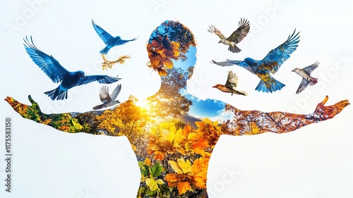 Double Exposure art in concept of freedom from fear, silhouette of a person standing with arms outstretched