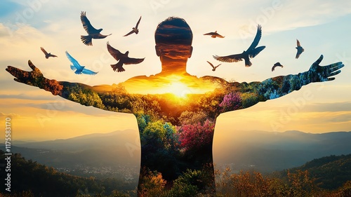 Double Exposure art in concept of freedom from fear, silhouette of a person standing with arms outstretched photo