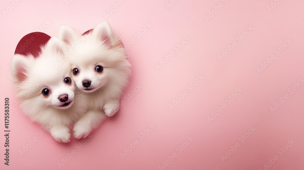 Two cute white puppies of pomeranian spitz dog peeking out from hole of heart shape isolated on pink background. Copy space Two cute white puppies of pomeranian spitz dog peeking out from hole of heart shape isolated on pink background. Copy space