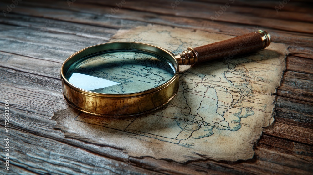 Antique brass magnifying glass over weathered antique map on wooden table.